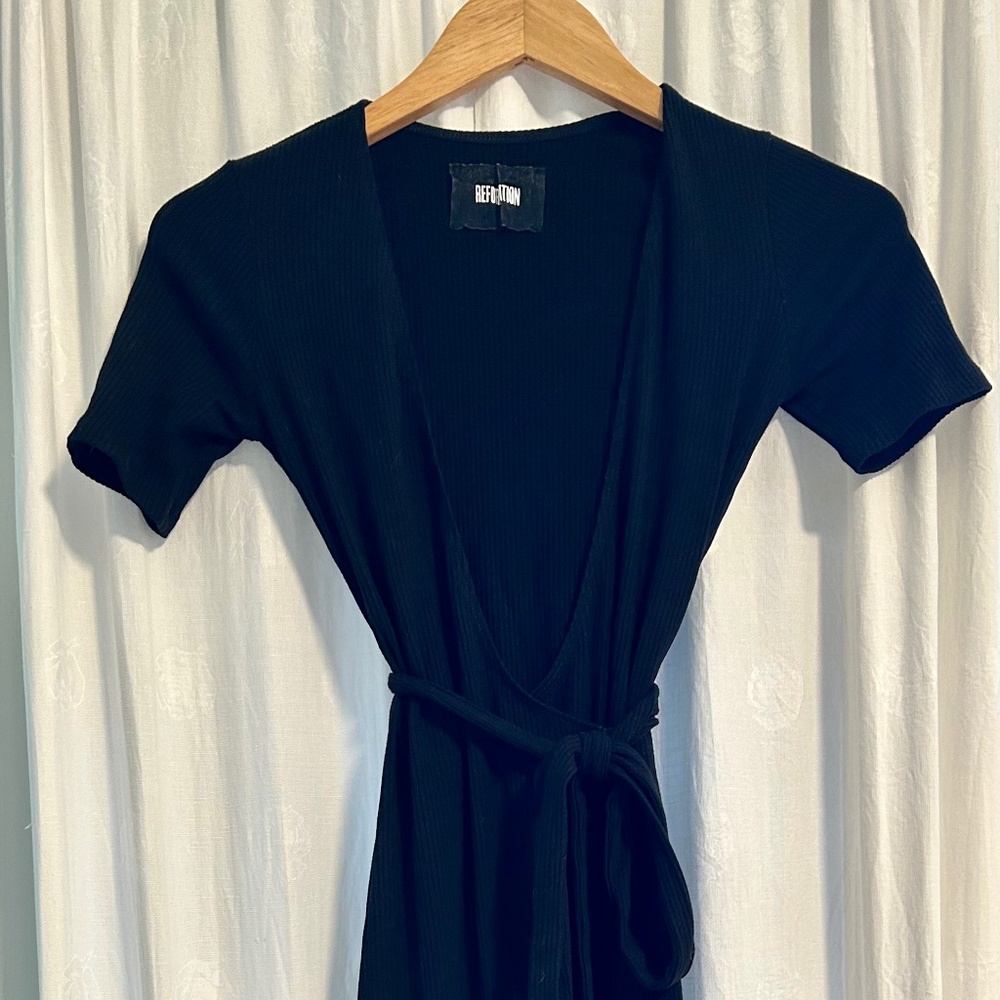 Reformation Black Ribbed Mini Wrap Dress in a Size S